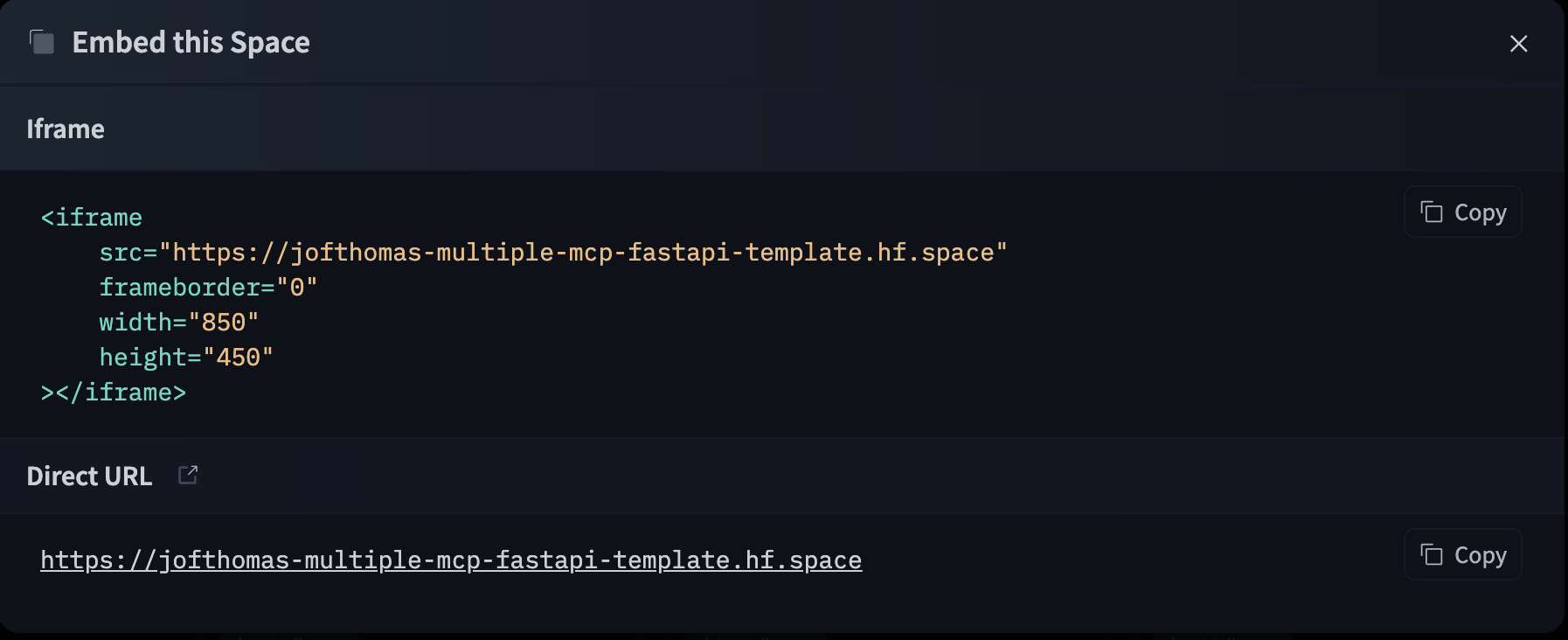 Embed this Space dialog showing iframe src base URL